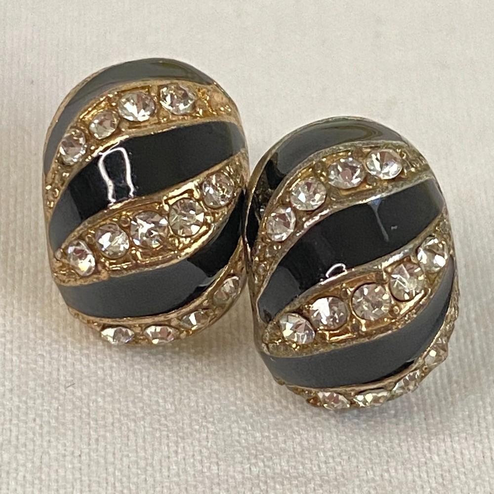 Black Enamel Clear Rhinestone Diagonal Stripe Stud Earrings Modern